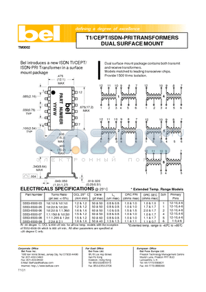 S553-6500-07 datasheet - T1/CEPT/ISDN-PRI TRANSFORMERS DUAL SURFACE MOUNT