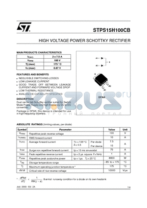 STPS15H100CB datasheet - HIGH VOLTAGE POWER SCHOTTKY RECTIFIER