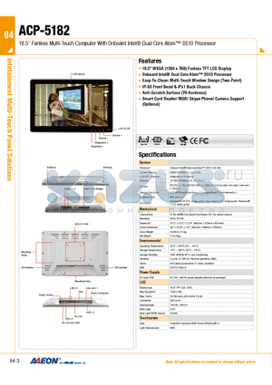 TF-ACP-5182HTT-A1-1010 datasheet - 18.5 Fanless Multi-Touch Computer With Onboard Intel^ Dual Core Atom D510 Processor