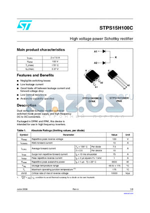 STPS15H100CB datasheet - High voltage power Schottky rectifier