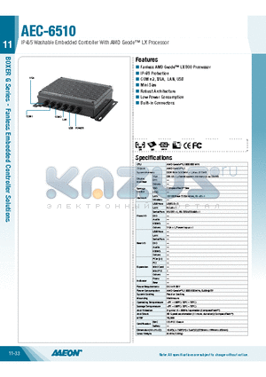 TF-AEC-6510-A1-1010 datasheet - IP-65 Washable Embedded Controller With AMD Geode LX Processor