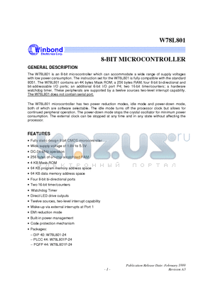 W78L801 datasheet - 8-BIT MICROCONTROLLER