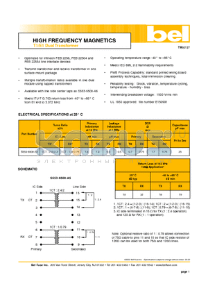 S553-6500-A5 datasheet - HIGH FREQUENCY MAGNETICS T1/E1 Dual Transformer