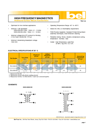 S553-6500-B4 datasheet - HIGH FREQUENCY MAGNECTICS Wideband Surface Mount Transformers