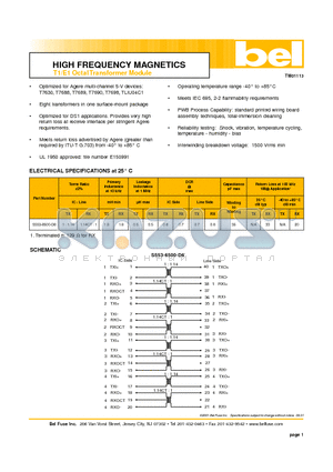 S553-6500-D6 datasheet - HIGH FREQUENCY MAGNETICS T1/E1 Octal Transformer Module
