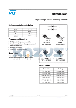 STPS16170CG-TR datasheet - High voltage power Schottky rectifier