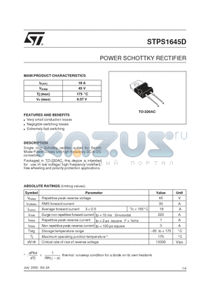 STPS1645D datasheet - POWER SCHOTTKY RECTIFIER