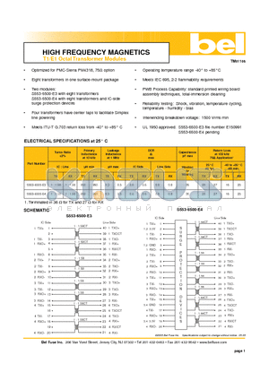 S553-6500-E3 datasheet - HIGH FREQUENCY MAGNETICS T1/E1 Octal Transformer Modules