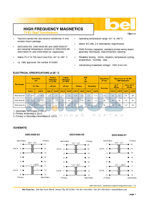 S553-6500-E5 datasheet - HIGH FREQUENCY MAGNETICS T1/E1 Dual Transformers