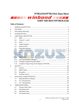 W78LE516 datasheet - 8-BIT MICROCONTROLLER