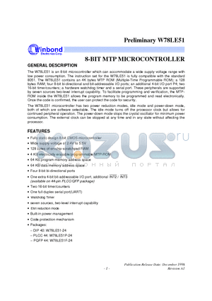 W78LE51 datasheet - 8-BIT MTP MICROCONTROLLER