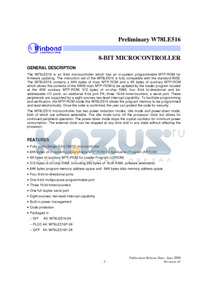 W78LE516 datasheet - 8-BIT MICROCONTROLLER