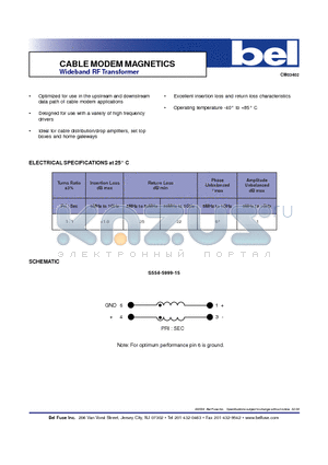 S554-5999-15 datasheet - CABLE MODEM MAGNETICS Wideband RF Transformer