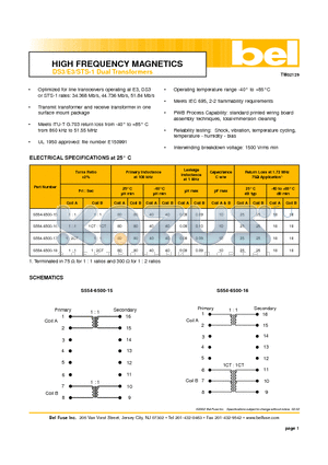 S554-6500-15 datasheet - HIGH FREQUENCY MAGNETICS DS3/E3/STS-1 Dual Transformers