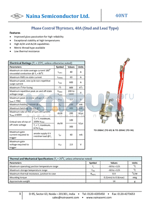 SKT40 datasheet - Phase Control Thyristors, 40A (Stud and Lead Type)