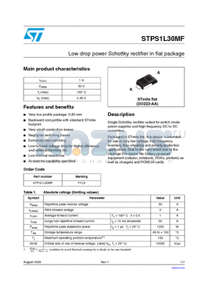 STPS1L30MF datasheet - Low drop power Schottky rectifier in flat package
