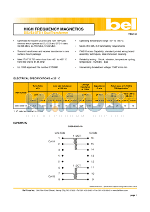S554-6500-19 datasheet - HIGH FREQUENCY MAGNETICS DS3/E3/STS-1 Dual Transformer