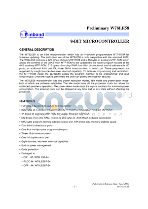 W78LE58-24 datasheet - 8-BIT MICROCONTROLLER