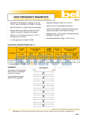 S554-6500-20 datasheet - HIGH FREQUENCY MAGNETICS DS3/E3/STS-1 Mini-Octal Transformer Module