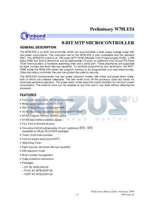 W78LE54P-24 datasheet - 8-BIT MTP MICROCONTROLLER