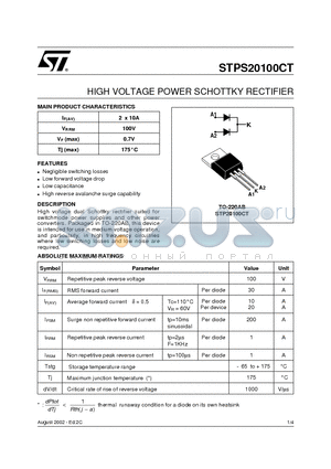 STPS20100CT datasheet - HIGH VOLTAGE POWER SCHOTTKY RECTIFIER