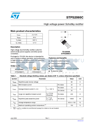 STPS2060C datasheet - High voltage power Schottky rectifier