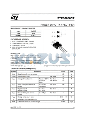 STPS2060CT datasheet - POWER SCHOTTKY RECTIFIER