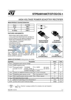 STPS20H100CG datasheet - HIGH VOLTAGE POWER SCHOTTKY RECTIFIER