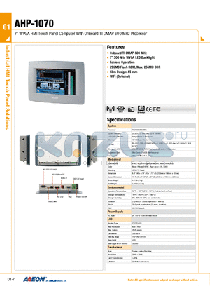 TF-AHP-1070HTT-A1-1011 datasheet - 7 WVGA HMI Touch Panel Computer With Onboard TI OMAP 600 MHz Processor