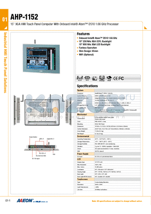 TF-AHP-1152HTT-A1-1010 datasheet - 15 XGA HMI Touch Panel Computer With Onboard Intel Atom D510 1.66 GHz Processor