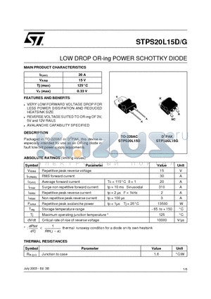 STPS20L15D datasheet - LOW DROP OR-ing POWER SCHOTTKY DIODE