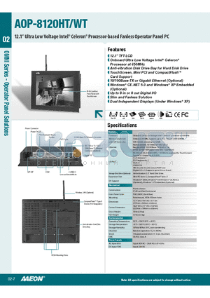 TF-AOP-8120HT-P1 datasheet - 12.1 TFT LCD, Onboard Ultra Low Voltage Intel^ Celeron^ Processor at 650MHz