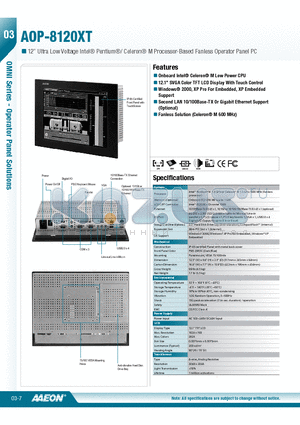 TF-AOP-8120XT-A5-1110 datasheet - Onboard Intel^ Celeron^ M Low Power CPU