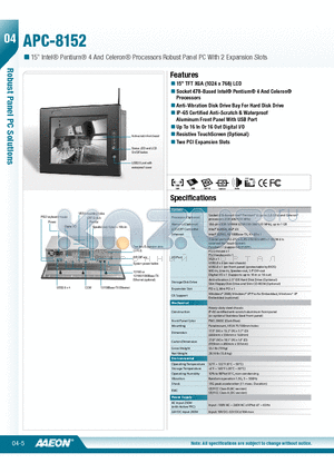 TF-APC-8152HT-A2 datasheet - 15 TFT XGA (1024 x 768) LCD