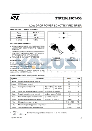 STPS20L25CG-TR datasheet - LOW DROP POWER SCHOTTKY RECTIFIER