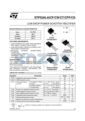 STPS20L45 datasheet - LOW DROP POWER SCHOTTKY RECTIFIER