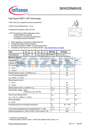 SKW20N60HS datasheet - High Speed IGBT in NPT-technology 30% lower Eoff compared to previous generation