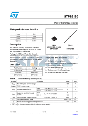 STPS2150 datasheet - Power Schottky rectifier