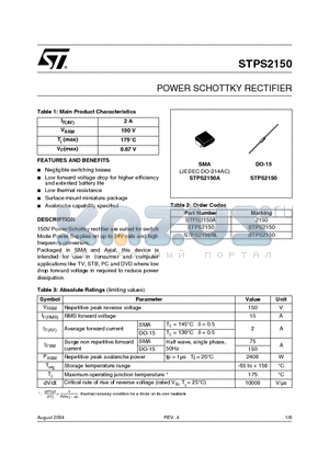 STPS2150RL datasheet - POWER SCHOTTKY RECTIFIER