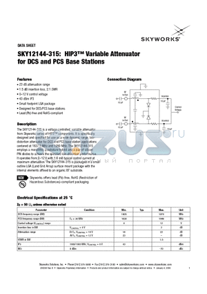 SKY12144-315 datasheet - HIP3 Variable Attenuator for DCS and PCS Base Stations