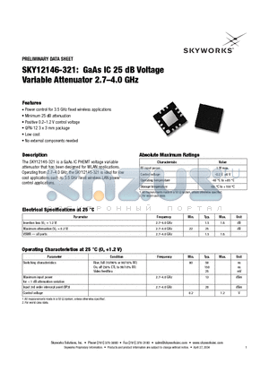 SKY12146-321 datasheet - GaAs IC 25 dB Voltage Variable Attenuator 2.7-4.0 GHz