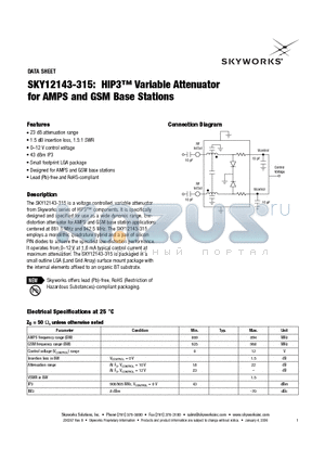 SKY12143-315 datasheet - HIP3 Variable Attenuator for AMPS and GSM Base Stations