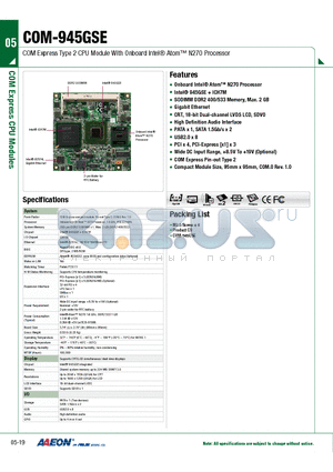 TF-COM-945GSEW1-A11 datasheet - COM Express Type 2 CPU Module With Onboard Intel Atom N270 Processor