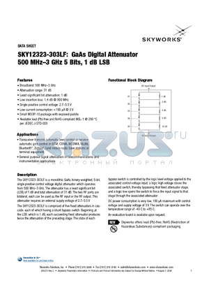 SKY12323-303LF datasheet - GaAs Digital Attenuator 500 MHz-3 GHz 5 Bits, 1 dB LSB