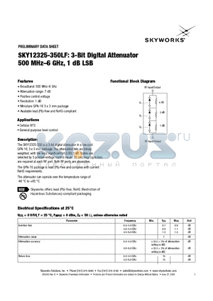 SKY12325-350LF datasheet - 3-Bit Digital Attenuator 500 MHz-6 GHz, 1 dB LSB