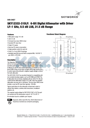 SKY12332-310LF datasheet - 6-Bit Digital Attenuator with Driver LF-1 GHz, 0.5 dB LSB, 31.5 dB Range