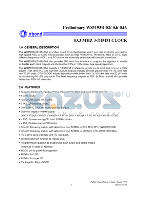 W83193R-04A datasheet - 83.3 MHZ 3-DIMM CLOCK