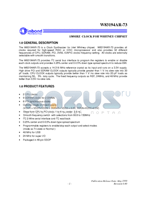 W83194AR-73 datasheet - 150MHZ CLOCK FOR WHITNEY CHIPSET