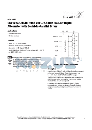 SKY12340-364LF datasheet - 300 kHz - 2.0 GHz Five-Bit Digital Attenuator with Serial-to-Parallel Driver