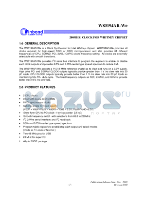 W83194AR-WE datasheet - 200MHZ CLOCK FOR WHITNEY CHIPSET